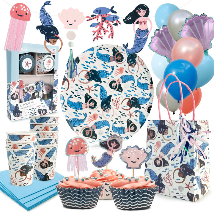 PARTY PARTY 107 Teile glitzerndes Meerjungfrau PARTYGESCHIRR + GESCHENKTÜTEN + CUPCAKE TOPPER + GIRL