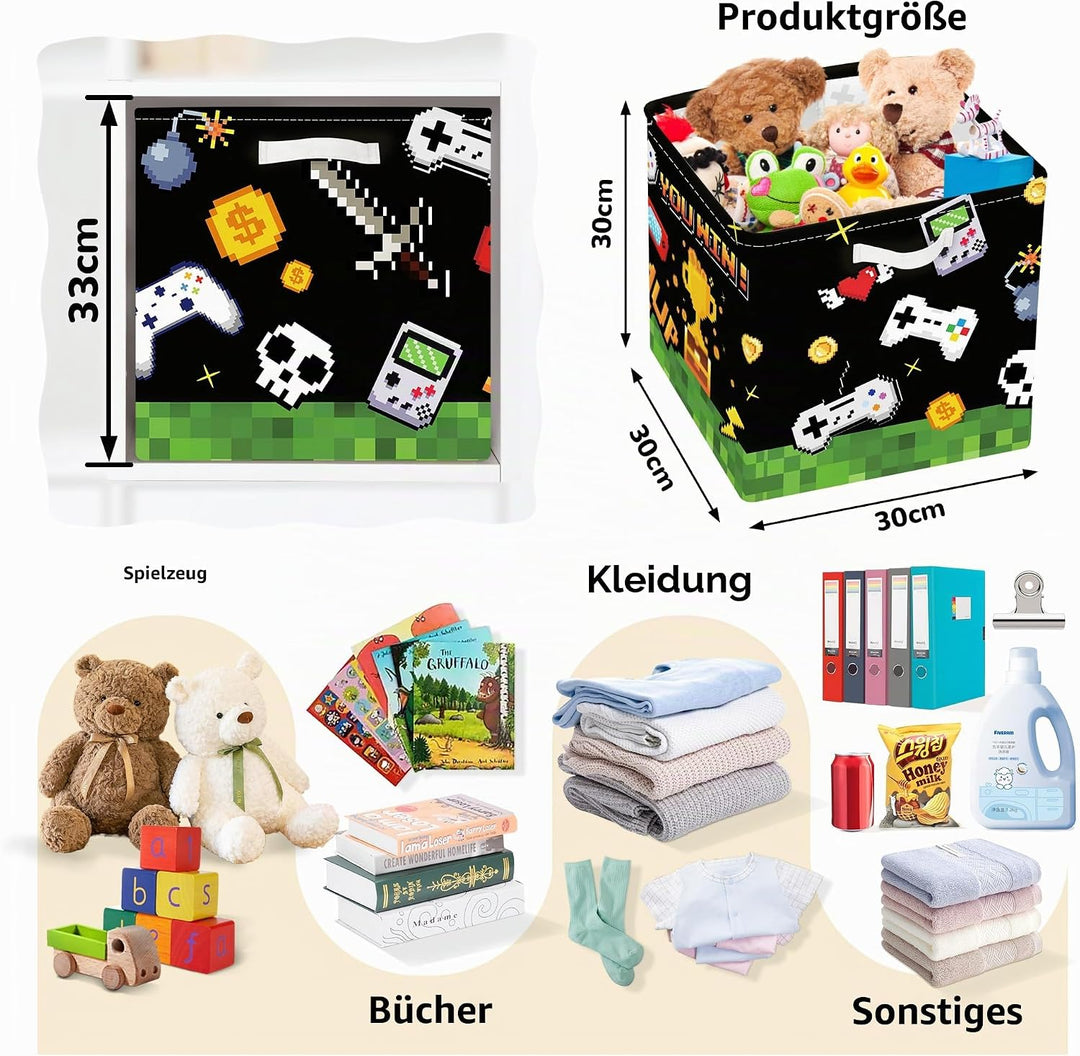 Clastyle 3 Stück Videospiel Kinder Aufbewahrungsbox Stoff für Kallax Faltbar Aufbewahrungskorb Klein