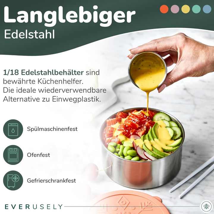Everusely - Edelstahlbehälter mit Deckel - 5er-Set, Bright Collection - Auslaufsichere Edelstahl-Leb