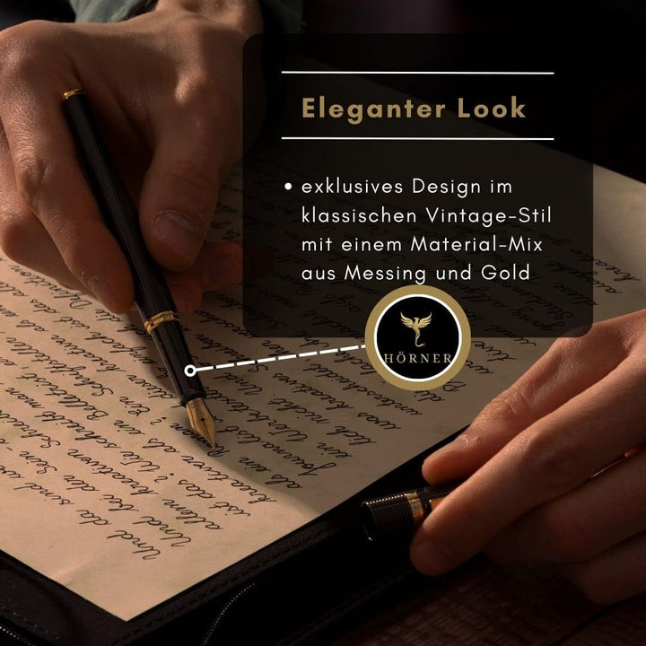 Hörner VECTRUM – Hochwertiger Füllfederhalter in Schwarz Gold | Luxus Design | Füller für Rechtshänd