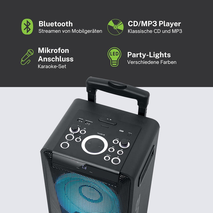 Muse DJ PA-Anlage mit Akku, 300 Watt, mit CD, Bluetooth und Licht-Effekten (USB, AUX, Mikrofon, Fern