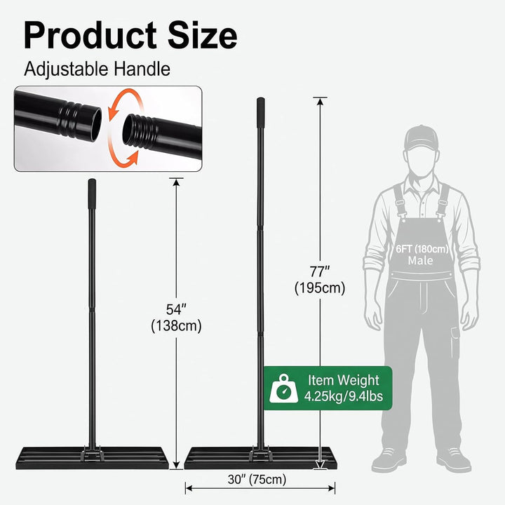 Rasen-Nivellierrechen, 76 cm x 25 cm, robuster Metall-Nivellierer mit 200 cm ergonomischem langem Gr
