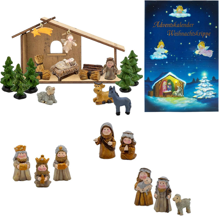 Spetebo Holz Weihnachts Krippenstall mit Kunststeinfiguren - 26 x 13 cm - Weihnachtskrippe Adventska