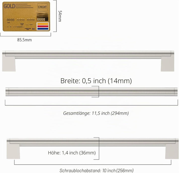 Amerdeco 10 Stück Möbelgriffe Edelstahl Gebürsteter Nickel 256mm Lochabstand Schrankgriffe für Küche