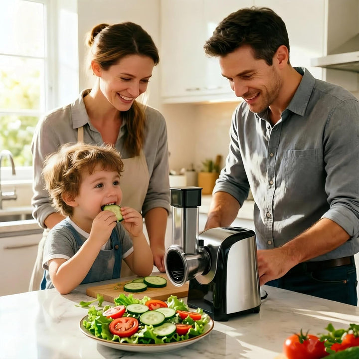 Elektrische 5-in-1 Gemüsehobel 150W, Gemüseschneider mit 5 Edelstahl-Trommeln für Käse, Obst & Gemüs