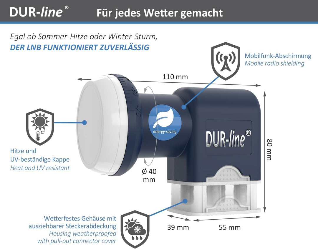 DUR-line Blue ECO Quad - Stromspar-LNB - 4 Teilnehmer - Premium-Qualität - [ Test SEHR GUT *] 4-Fach