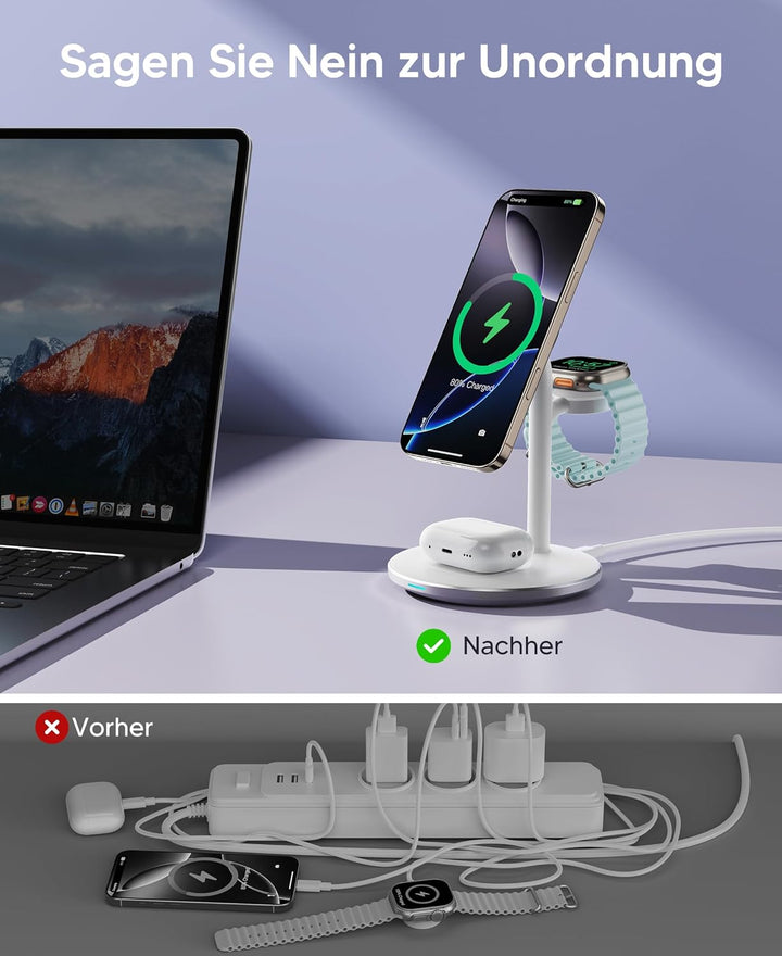 3 in 1 Induktive Ladestation für mehrere Geräte,15W Kabellos Ladestation,Wireless Charger Kompatibel