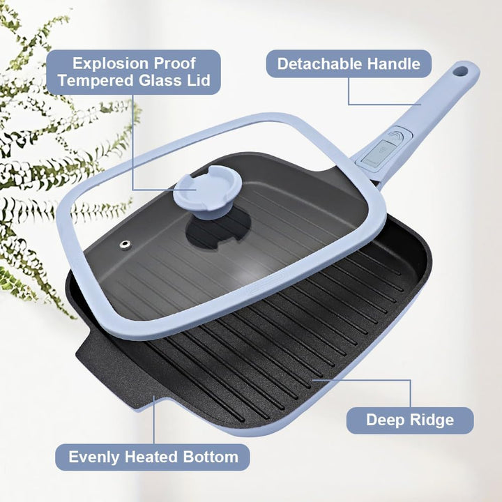 RANX INGST Grillpfanne Induktion mit Deckel 26 x 24 cm, Steakpfanne Eckig mit Abnehmbarer Griff, Gri