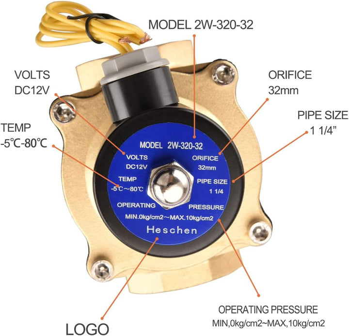 Heschen Messing Elektrisches Magnetventil, 2W-320-32, PT 1-1/4'', DC12V, Direktwirkung Wasser Luft,