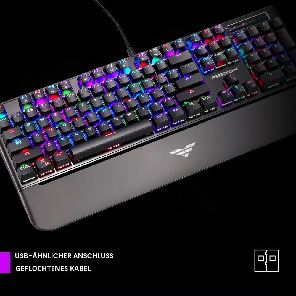 PREYON Long Claw Brown Gaming tastatur mit Geflochtenem Kabel - Beleuchtete Mechanische Tastatur mit