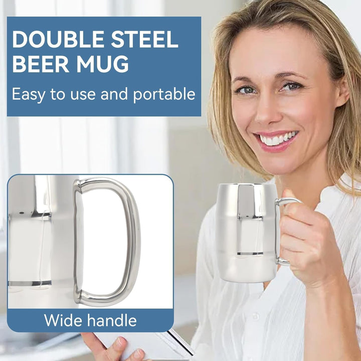 2 Stück Edelstahl Bierkrug, Metall Doppelwand Bierkrug Fass Bierkrug Reisebecher mit Griff Kaffeetas