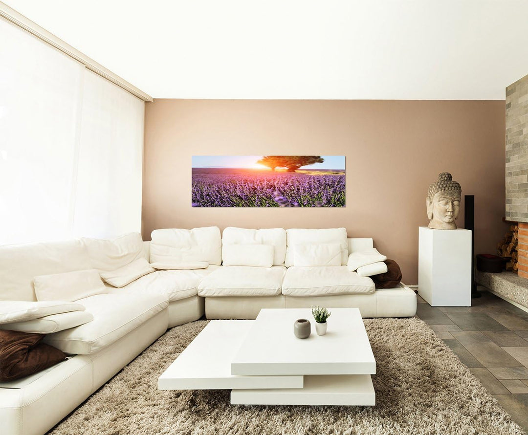 Paul Sinus Art Panoramabild auf Leinwand und Keilrahmen 150x50cm Provence Lavendelfeld Baum Sommer S