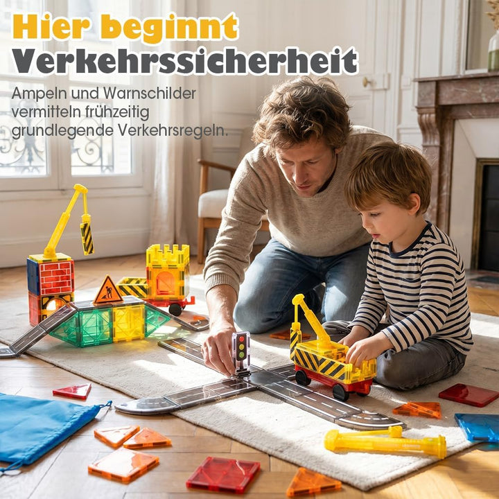 Playpals Magnetische Bausteine Stadt-Strassenset, 40-teilig mit Kran | STEM-Lernen, Verkehrszeichen,