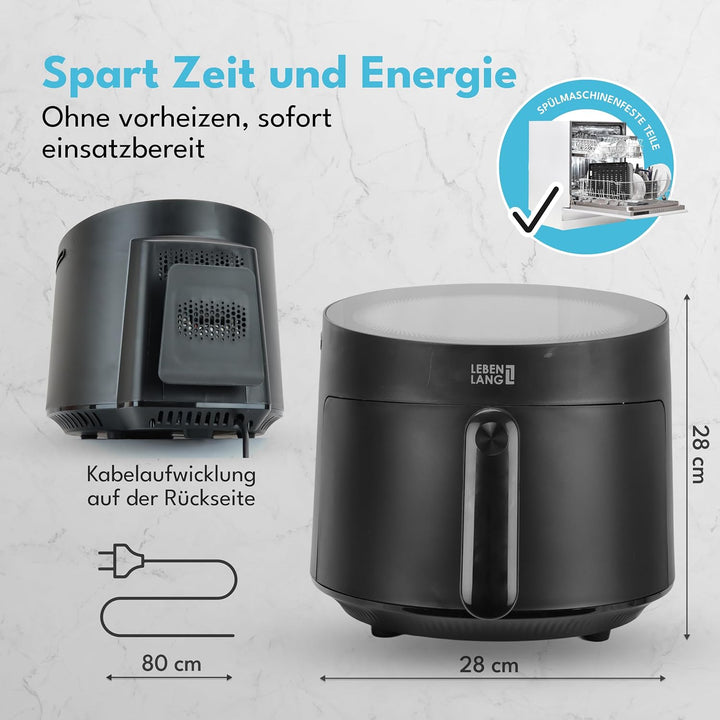 LEBENLANG Heissluftfritteuse 5L & 1500W - Inkl. Rezeptbuch & 8 Programme I Ölfreie & Fettfreie Frite