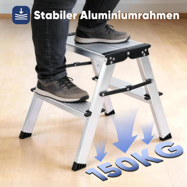Sekey Klappbare Leiter aus Aluminium 2 Stufen, Aluleiter Beidseitig Begehbar, Klappleiter mit rutsch
