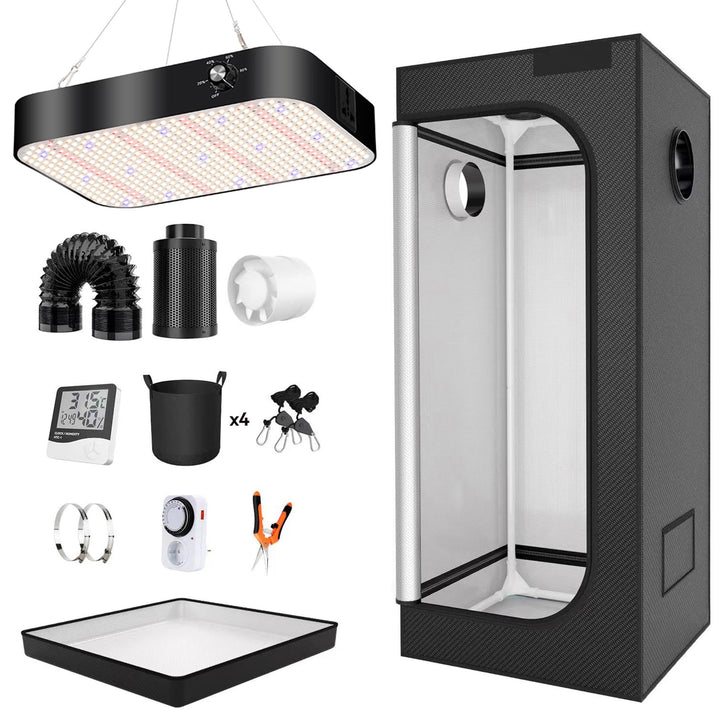 Growzelt Komplettset Anbau Set mit 200W LED Vollspektrum Grow Lampe Dimmbar, 100x100x200cm GrowZelt