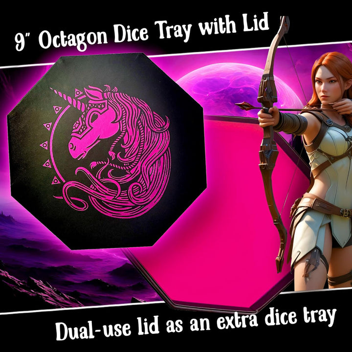 Fantasydice- PINK - War Unicron- Dice Storage and Rolling Tray - 20CM Octagon with Lid and Dice Stag