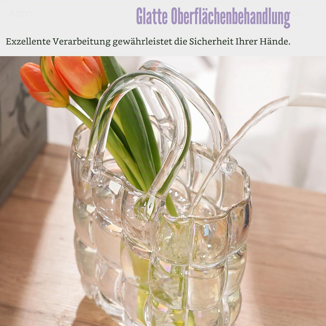 NiHome Glas-Geldbörsen-Vase, schillernde Glas-Taschen-Vase mit Griff, Handtaschen-Form, Vase für Blu
