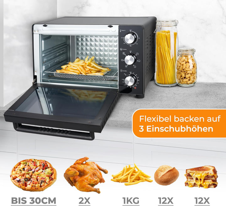KLAMER Minibackofen mit Umluft (30 Liter), 6 Backfunktionen, 70-230°C, 120 min. Timer, Mini-Ofen ink