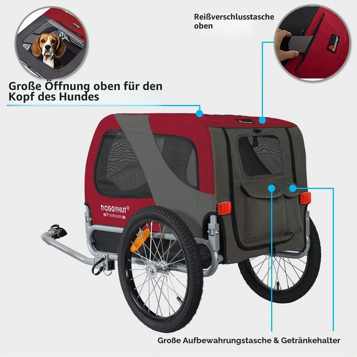 DOGGYHUT® Premium MEDIUM Fahrrad Hundeanhänger für Hunde bis 23 kg Fahrradanhänger Klappbar ROT, ROT