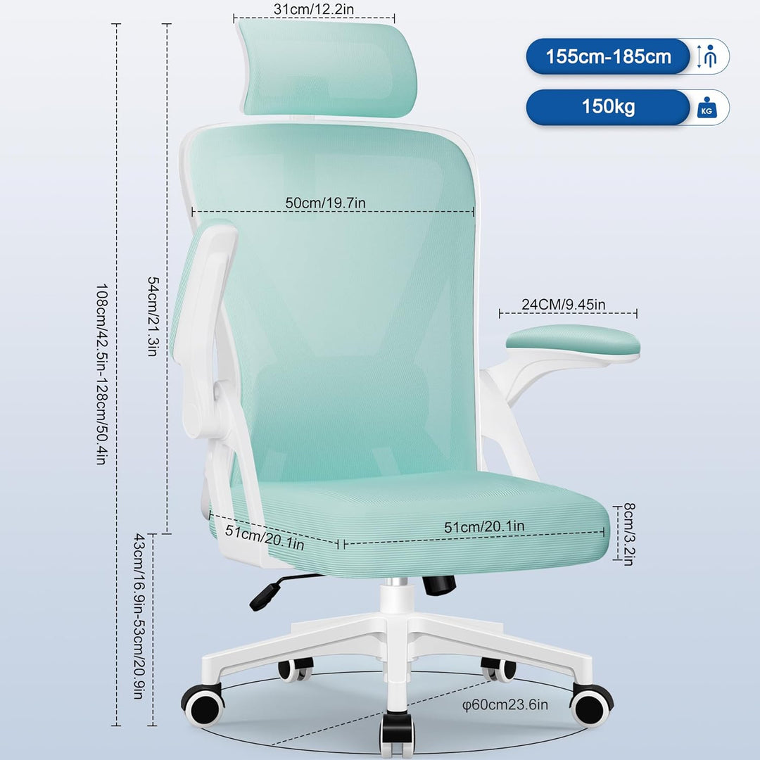 Bürostuhl, Bürostuhl Ergonomisch mit Verstellbarer Kopfstütze, Armlehnen, Lendenwirbelstütze, Schrei