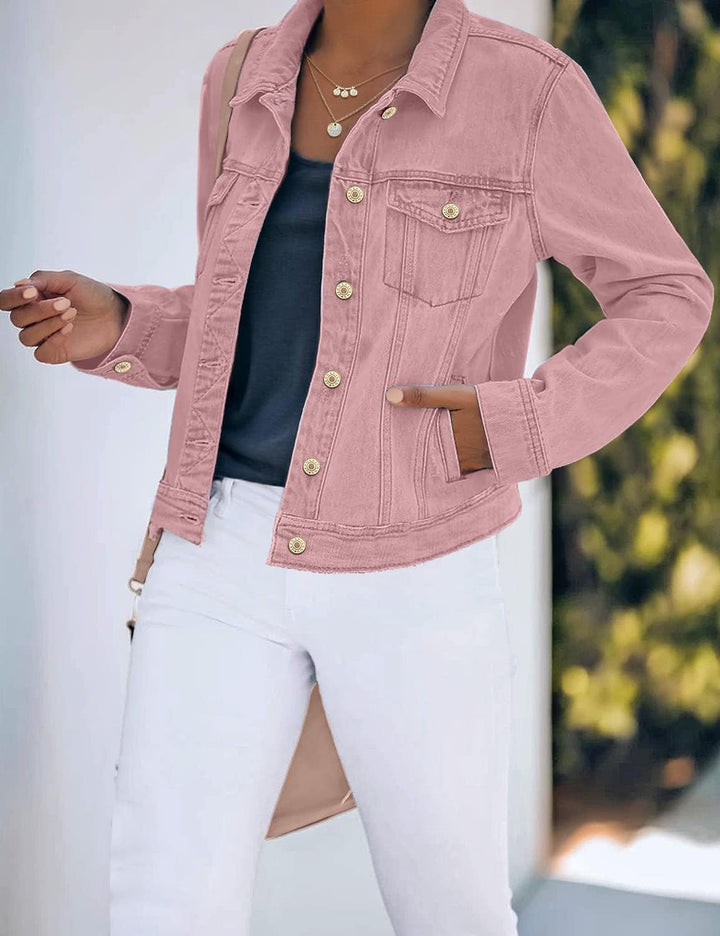 Jeansjacken Damen Jean Stretchy Langarm Trucker Jacke mit Tasche L Rosa, L Rosa
