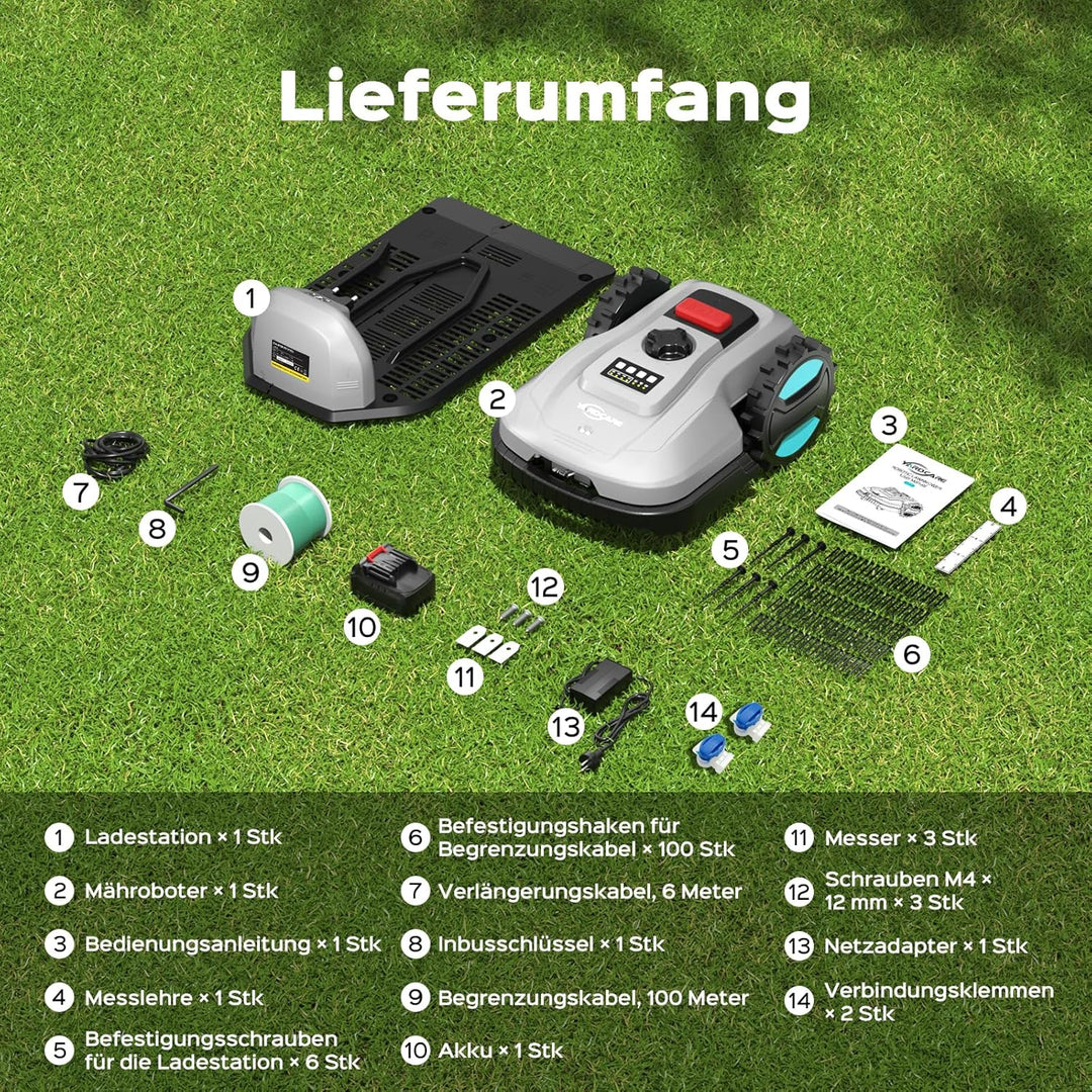 YARDCARE E400 Mähroboter mit App Steuerung, Max. bis zu 400m², 20-60mm Schnitthöhe,Rasenroboter, Reg