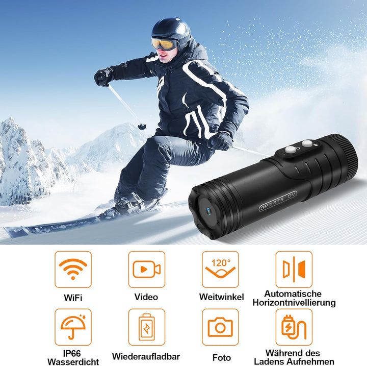 Action Cam WiFi, 1080P HD IP66 Spritzwassergeschütztes Helmkamera, 7h Akkulaufzeit & 120° Weitwinkel