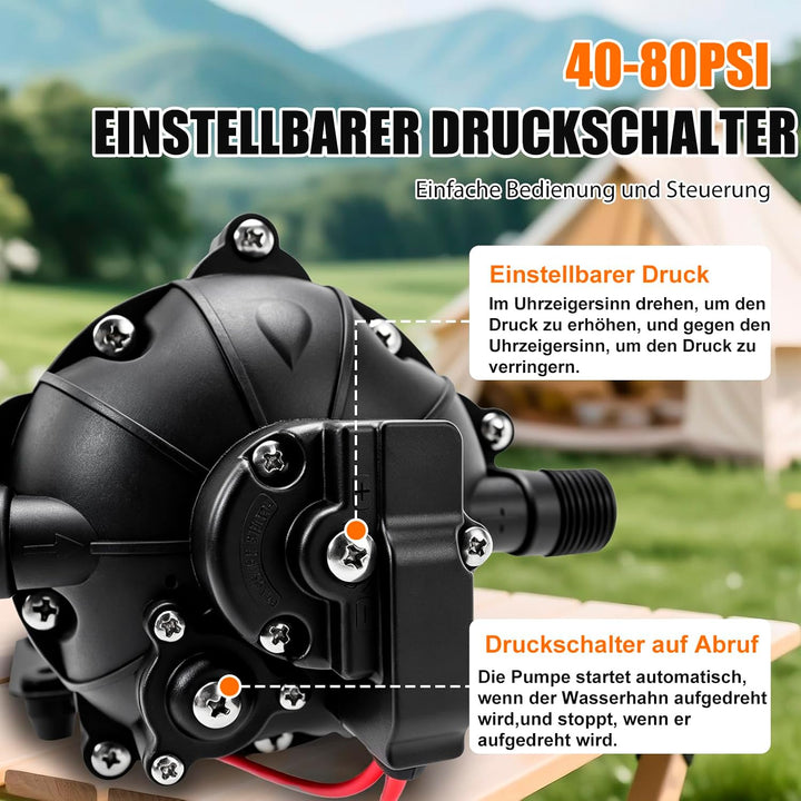 12-V-Membranpumpe, RV-Wasserpumpe, 5,0 GPM / 18,93 L/min, 70 PSI Wasserpumpe selbstansaugend mit Dru