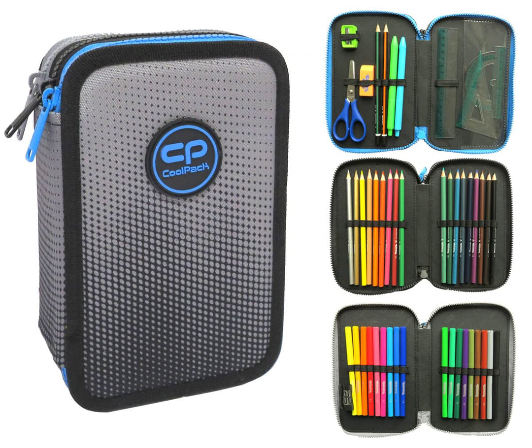 CoolPack XXL Dreifach-Federmäppchen - 3-Fach Schul-Etui für Jungen, Ombre-Design, 44-Teilig Gefüllt,