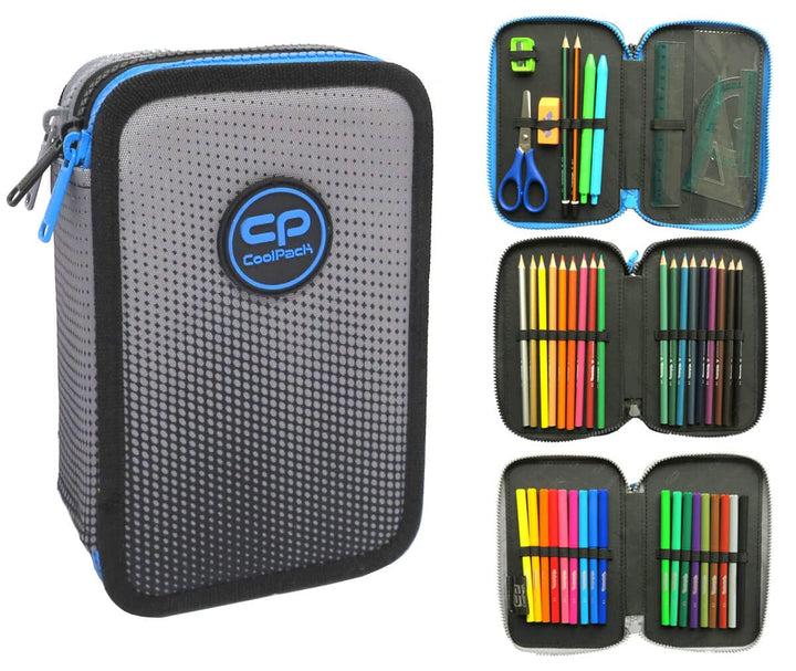 CoolPack XXL Dreifach-Federmäppchen - 3-Fach Schul-Etui für Jungen, Ombre-Design, 44-Teilig Gefüllt,
