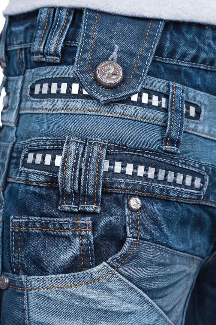 KOSMO LUPO Herren Jeans – Extravagante Designer-Jeans mit Patchwork, Nieten & Kontrastnähten – Regul