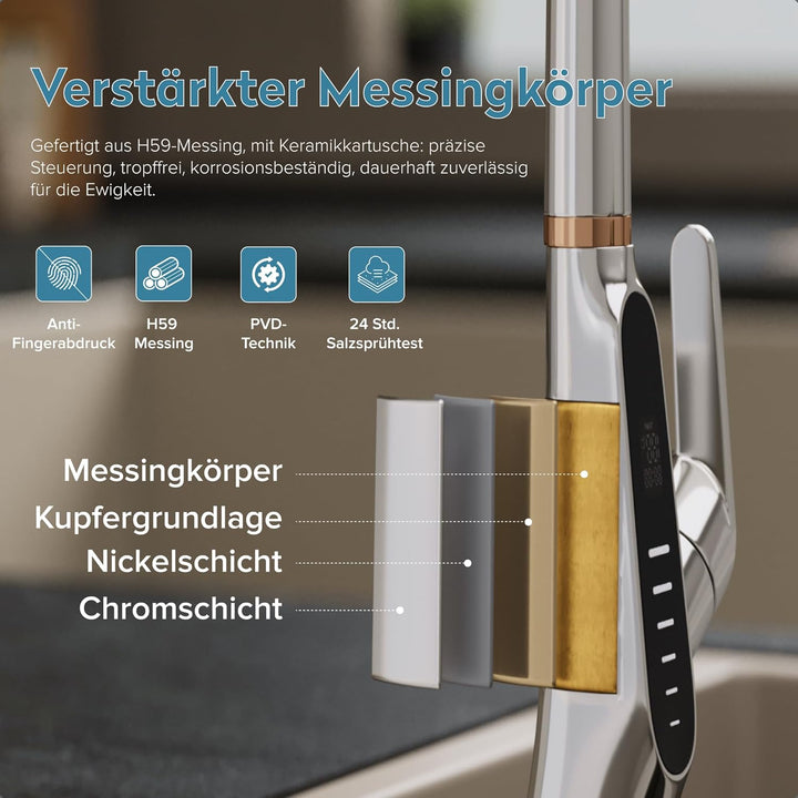 doporro Wasserhahn Küche Silber mit LED Temperaturanzeige, Küchenarmatur Ausziehbar, Hochdruck Misch