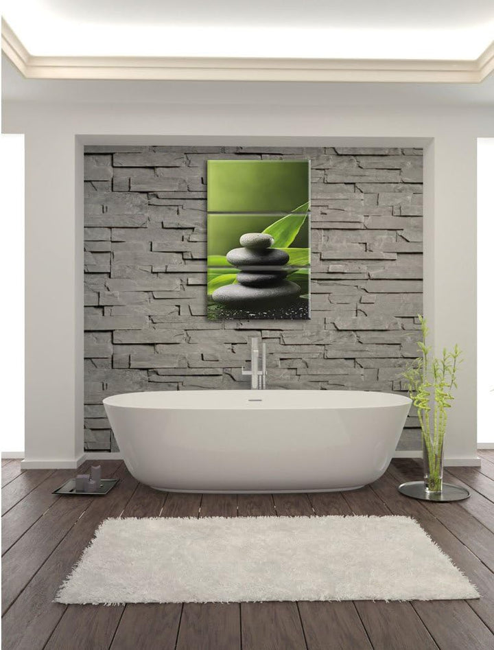 Pixxprint Zen Steine mit Blättern / 3-Teilig/Gesamtmass 120cm Leinwandbild bespannt auf Holzrahmen/W