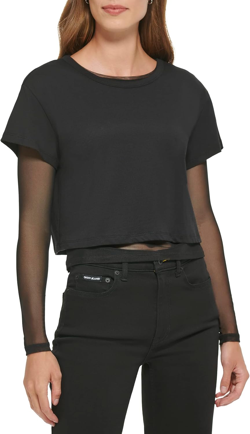 DKNY Damen Short with A Twofer Long Sleeve Mesh Top T-Shirt S Schwarz, S Schwarz