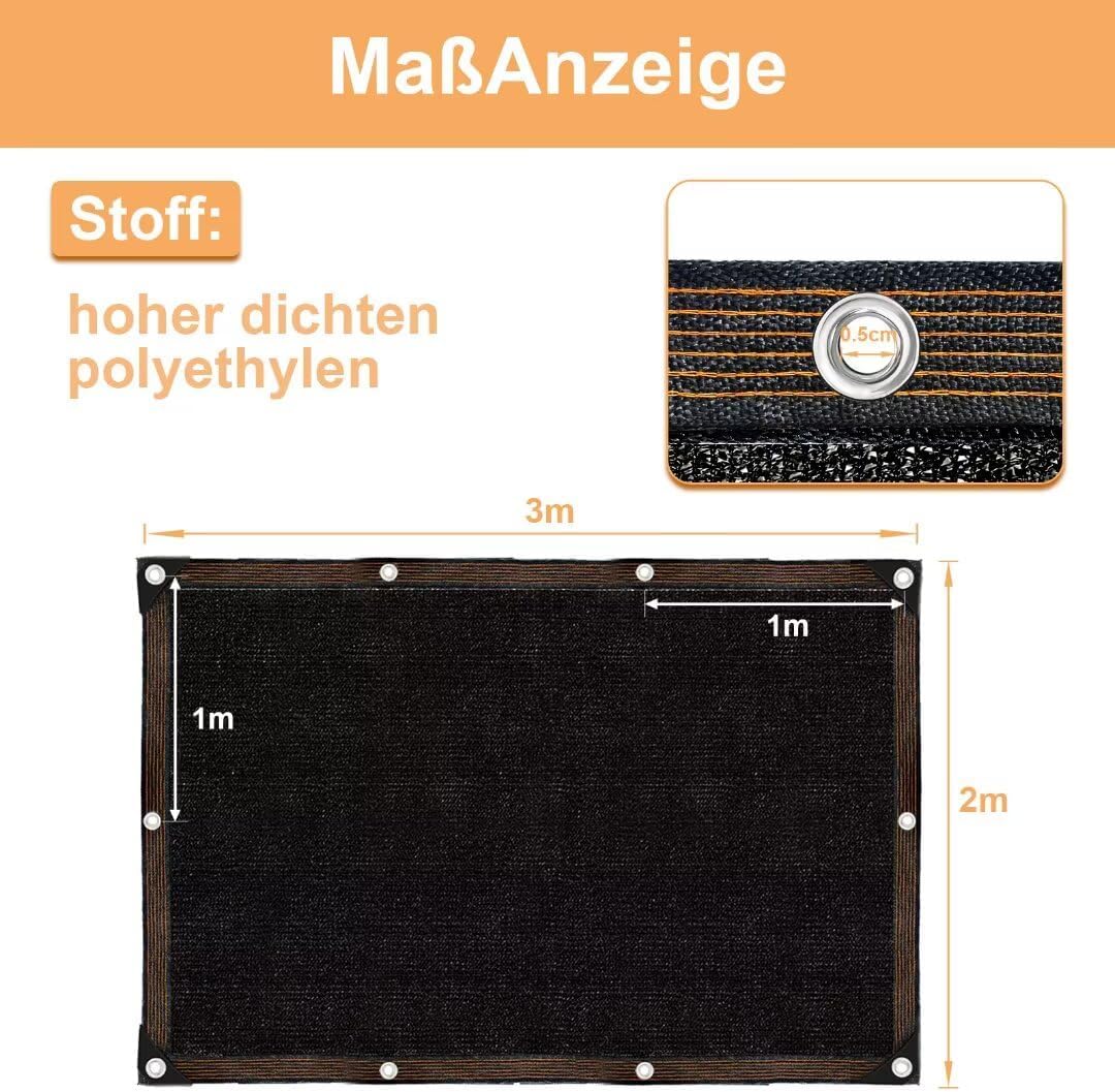 Schattiernetz-mit-ösen-2x3m, Schwarze Garten Sonnenschutz Netz Terrasse 70% Shading Rate UV-Beständi