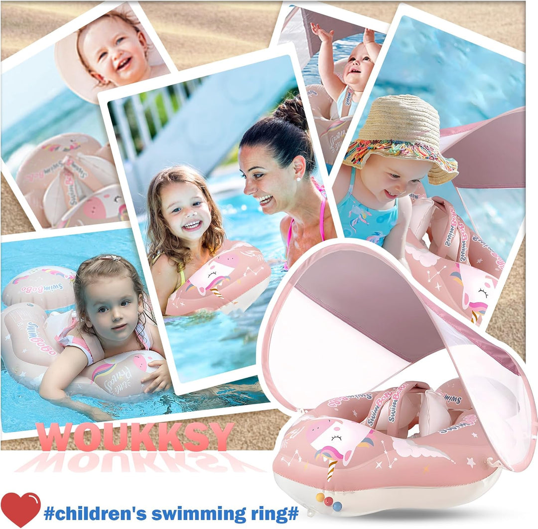 Woukksy Baby Schwimmring mit Sonnendach Entfernbar, Rosa Baby Schwimmhilfe mit Schwimmsitz, Aufblasb