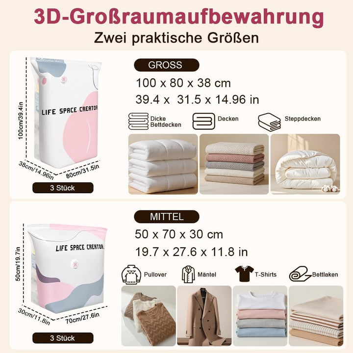 6er-Pack Vakuumbeutel ohne Pumpe, 3x 50x70x30cm + 3x 80x100x38cm, Vakuum Aufbewahrungsbeutel, platzs