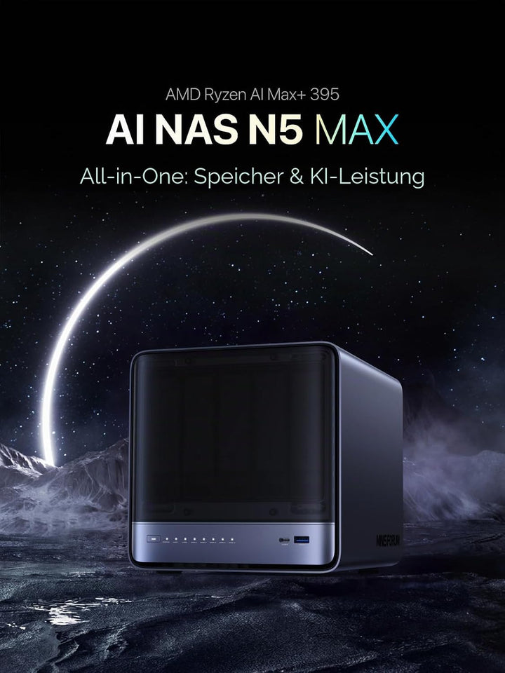 MINIS FORUM Desktop-NAS N5 MAX mit 5 Einschüben 64GB LPDDR5 128GB SSD | AMD Ryzen AI Max+ (16C/32T),