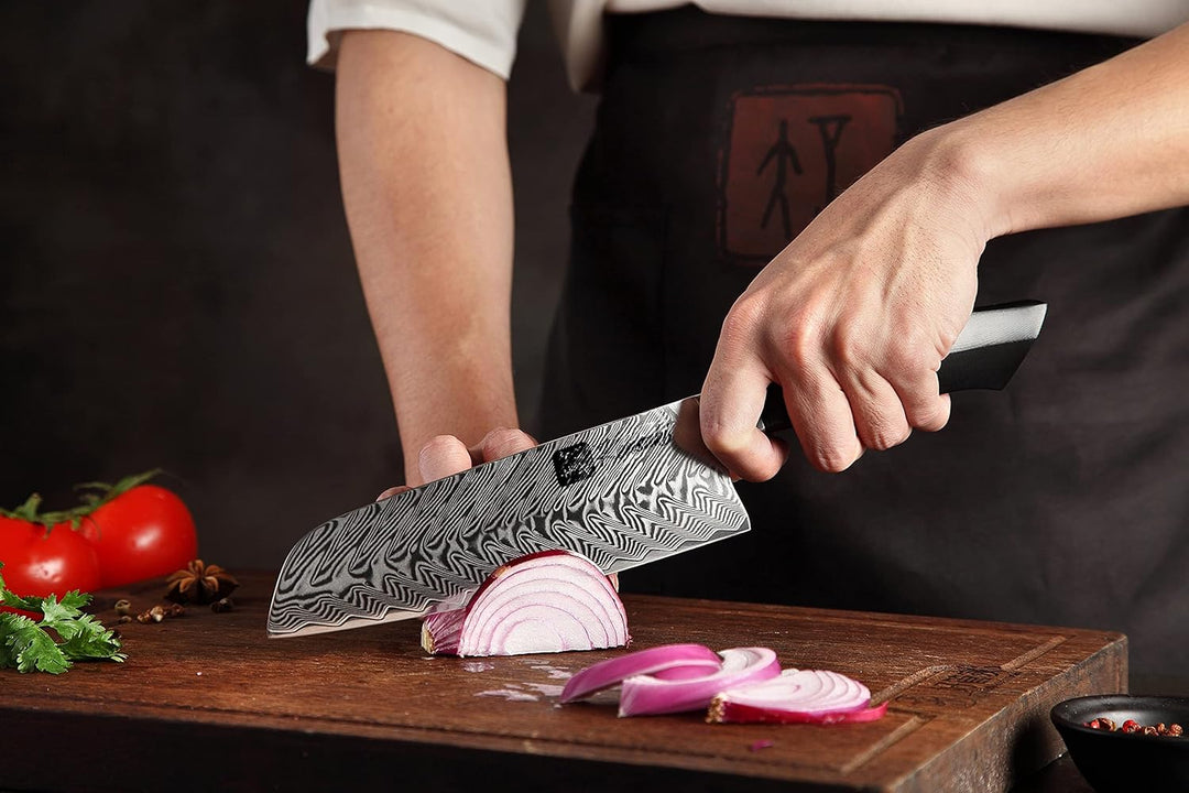 Kensaki Santoku Messer aus Damaszener Stahl Küchenmesser Japanischer Art hergestellt aus 67 Lagen Da