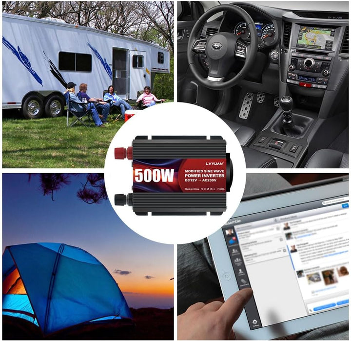LVYUAN Wechselrichter 12V auf 230V 500W Spannungswandler, Stromwandler mit Dual-USB-Anschluss und EU