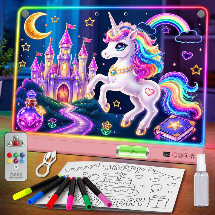 LED Zeichenbrett für Kinder, 30x40cm Wiederaufladbare LED Notiztafel mit Farben und 15 Lichtmodi, Ma