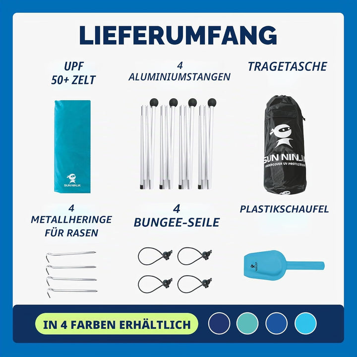 SUN NINJA Strandzelt, Sonnensegel LSF 50+, mit Sandschaufel, Heringen und Stabilitätsstangen, Schatt