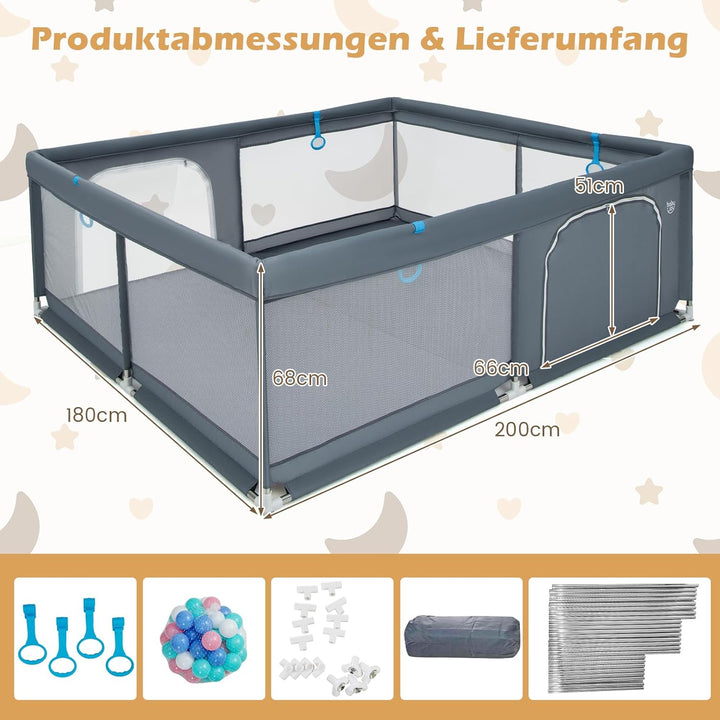 GOPLUS 200x180cm Baby Laufstall, Laufgitter mit Matratze, 4 Handringe & 50 Spielbällen, Krabbelgitte
