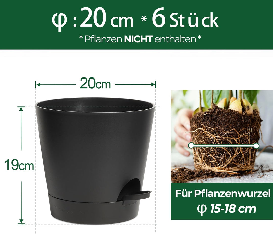 T4U 20cm Kunststoff Blumentopf mit Bewässerungssystem, 6er-Set Selbstbewässerung Übertopf mit Unters