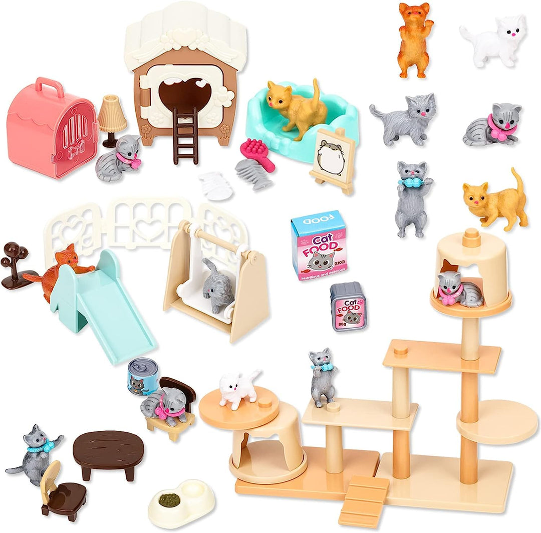 46 Stück Katze Puppenhaus Zubehör, Katzenfiguren Spielset, Wichtel Zubehör, Katzenbaum Katzenhaus Ka