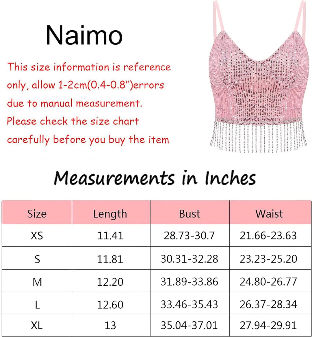 Naimo Damen Glitzer Pailletten Crop Top Ärmellos V-Ausschnitt Tank Tops Weste Sparkle Camisole Bluse
