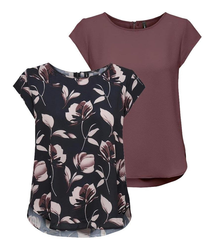 ONLY Damen Onlvic S/S Solid AOP Top Ptm T-Shirt, Blusenshirt, Kurzarm, 34 2er Pack (Pack A: Rose Bro