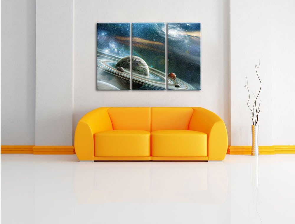 Pixxprint Planet mit Ringsystem / 3-Teilig/Gesamtmass 120cm Leinwandbild bespannt auf Holzrahmen/Wan