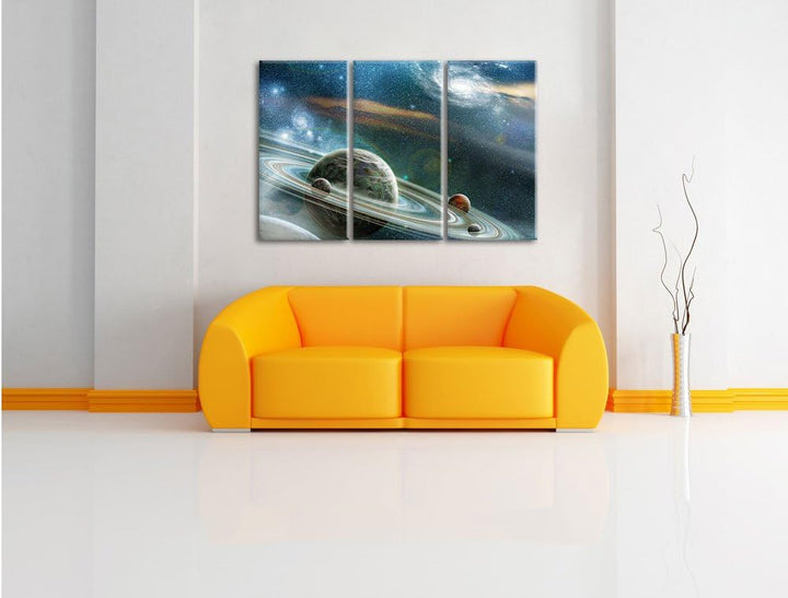 Pixxprint Planet mit Ringsystem / 3-Teilig/Gesamtmass 120cm Leinwandbild bespannt auf Holzrahmen/Wan